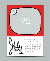 kalender 2024 år design - juli 2024, vägg kalender 2024 år, text kalender, skrivbord kalender mall, vecka börjar på söndag, utskrift, reklam, grön bakgrund, vektor