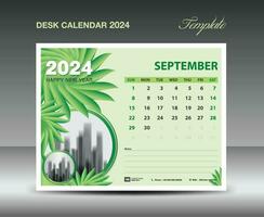 kalender 2024 design- september 2024 mall, skrivbord kalender 2024 mall grön blommor natur begrepp, planerare, vägg kalender kreativ aning, annons, utskrift mall, vektor eps10