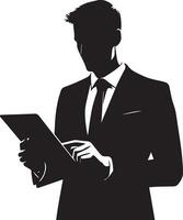 ein Mann im ein passen ist halten ein Tablette Vektor Silhouette Illustration schwarz Farbe, isoliert Weiß Hintergrund 3