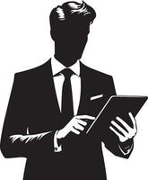 ein Mann im ein passen ist halten ein Tablette Vektor Silhouette Illustration schwarz Farbe, isoliert Weiß Hintergrund 10