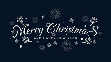 glad jul och Lycklig ny år text typografi design med hand dragen löv, blommor, snö flingor på en mörk blå bakgrund för hälsning kort, affischer, social media inlägg. vektor illustration
