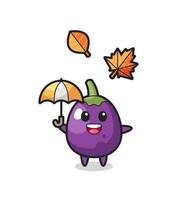 tecknad film om den söta auberginen som håller ett paraply på hösten vektor