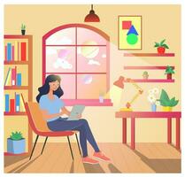 Arbeiten von heim. Vektor Illustration, jung Frau Sitzung auf Sessel im ihr Wohnung und Arbeiten auf ein Laptop beim das Schreibtisch. Licht von das Fenster. pc Lampe Bücher und Blumen im Zimmer. online Bildung