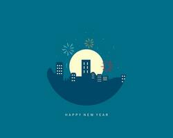 glücklich Neu Jahr mit Stadt Silhouette und Feuerwerk eben Design vektor