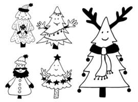 Weihnachten Baum schwarz Gliederung Gekritzel. süß Baum Charakter Linie Kunst, Winter Illustration. Hand Zeichnung Kunst. vektor
