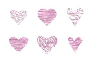uppsättning av sex rosa hjärtan av annorlunda former, målad inuti med annorlunda texturer isolerat på vit bakgrund. för dekoration, inbjudningar, kort, grafik. vektor. vektor