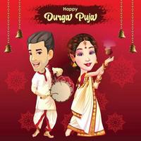 Durga Puja Navratri Festival-Grußkarte mit Tänzer und Schlagzeuger vektor