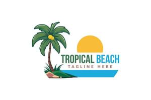 tropisch Strand Paradies Sommer- Reise Ferien Vektor Logo Konzept Illustration mit Palme Bäume beim Sonnenuntergang