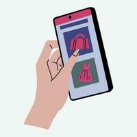 Hand halten Smartphone mit ein auf das Bildschirm. Einkaufen Wagen. online Einkaufen Konzept. Vektor Illustration.