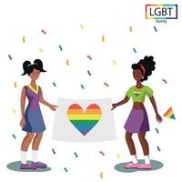 lgbt familj två flickor som håller en regnbågsflagga vid paraden - vektor