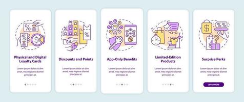 Ideen für Treueprogramme für Lebensmittelgeschäfte beim Onboarding des Bildschirms der mobilen App-Seite vektor
