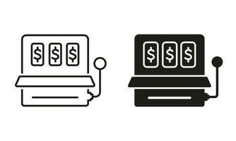 Slot Maschine Linie und Silhouette schwarz Symbol Satz. zocken, Lotterie, Spiel Piktogramm. glücklich, Jackpot Kasino im las Vegas Symbol Sammlung. Obst Maschine unterzeichnen. isoliert Vektor Illustration.