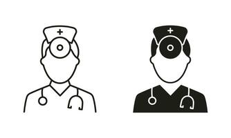 otolaryngologist läkare linje och silhuett svart ikon uppsättning. otolaryngology läkare personal med stetoskop, spegel piktogram. öra, näsa, hals läkare symbol samling. isolerat vektor illustration.