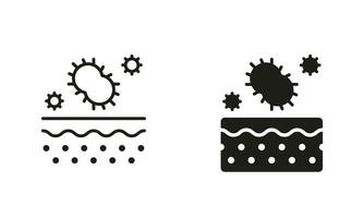 Haut Schicht mit Mikroben Flora Symbol Sammlung. Bakterien auf Haut Piktogramm. Mikroorganismen auf Dermis Struktur Linie und Silhouette schwarz Symbol Satz. isoliert Vektor Illustration.