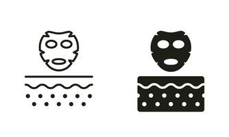 Schönheit Spa Gesicht Maske, Dermatologie Hautpflege Behandlung Symbol Sammlung. Gesichts- Haut Maske Linie und Silhouette schwarz Symbol Satz. kosmetisch Hygiene Haut Pflege Piktogramm. isoliert Vektor Illustration.