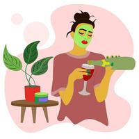 Mädchen im grünen kosmetischen Maskengesicht, Wein in Glas. Home-Spa-Verfahren vektor