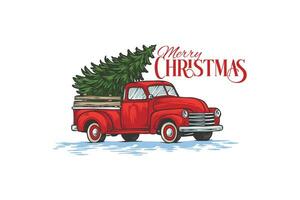 vektor illustration av retro plocka upp lastbil med jul träd. skrivning av glad jul hälsningar