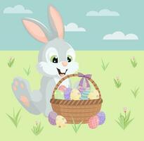 påsk kanin Sammanträde på de gräs. en korg med dekorerad ägg. trevlig illustration för hälsning kort, baner, ad vektor