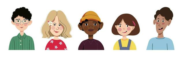 uppsättning av barns avatarer. leende ansikten av liten unge Pojkar och flickor av annorlunda etniciteter. tecknad serie tecken. vektor illustration isolerat på en vit bakgrund.