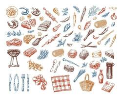 en uppsättning av ritad för hand skisser av utegrill och picknick element. för de design av de meny av restauranger och kaféer, grillad mat. klotter årgång illustration. graverat bild. vektor