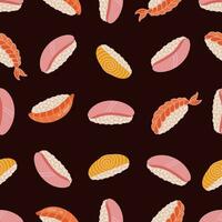 färsk nigiri sömlös vektor mönster. japansk sushi med ris, lax, tonfisk, räka, tamago omelett. traditionell asiatisk fisk rullar, skaldjur aptitretare på en mörk bakgrund. platt tecknad serie illustration