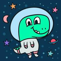 hand dragen rolig liten dinosaurie astronaut tecknad serie illustration vektor