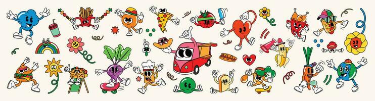 mega uppsättning av 70s häftig element vektor. samling av tecknad serie tecken, klotter leende ansikte, mat lastbil, hamburgare, hjärta, blomma, pizza, värld. söt retro häftig hippie design för dekorativ, klistermärke. vektor