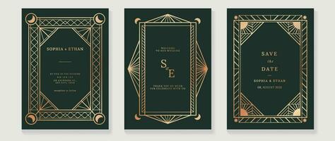 Luxus Einladung Karte Hintergrund Vektor. elegant klassisch Antiquität Design, Rose Gold Linien Gradient, Mond auf dunkel Grün Hintergrund. Prämie Design Illustration zum Gala Karte, großartig Öffnung, Kunst Deko. vektor