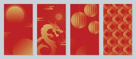 Lycklig kinesisk ny år omslag bakgrund vektor. år av de drake design med gyllene drake, kinesisk lykta, mynt, moln, Sol. elegant orientalisk illustration för omslag, baner, hemsida, kalender. vektor
