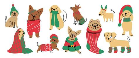 glad jul och Lycklig ny år begrepp bakgrund vektor. samling teckning av söt hundar med dekorativ scarf, band, hatt. design lämplig för baner, inbjudan, kort, hälsning, baner, omslag. vektor