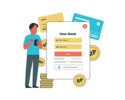 betalning uppkopplad service begrepp. man med smartphone och kreditera kort. vektor illustration i platt stil