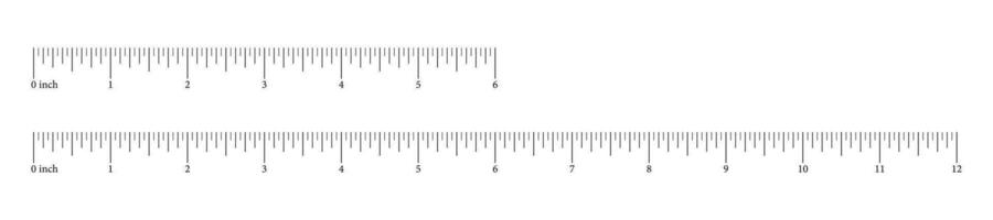 Lineal Rahmen 6 und 12 Zoll, Hälfte Fuß und Fuß. horizontal Messung Diagramme. Höhe, Länge Messung Rahmen mit Markup und Zahlen. Distanz, geometrisch, Nähen Werkzeug. Vektor Grafik Illustration. eps