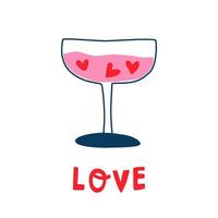 valentines dag kort med rosa cocktail med hjärtan i minimal stil och text kärlek. vektor enkel form för romantisk kärlek kort. luta hand dragen element isolerat på vit, logotyp, ikon design, text, ord.