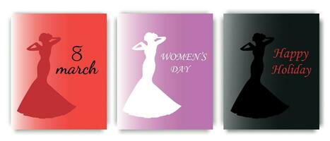 International Damen Tag März 8. stilvoll Karten mit ein Silhouette von ein Mädchen im drei Farben. Vektor Illustration.