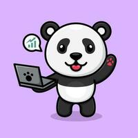 söt tecknad serie panda, bärande bärbar dator vektor