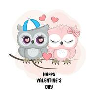 Valentinstag Tag Vorlage Paar süß Karikatur Eulen auf Rosa und Weiß Hintergrund, drucken, Kinder Aufkleber, Vektor Illustration
