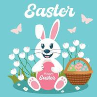 Lycklig påsk, dekorerad påsk kort, baner. kaniner, påsk ägg, blommor och korg. vår bakgrund, omslag, försäljning baner, flygblad design. mall för reklam, webb, social media. vektor
