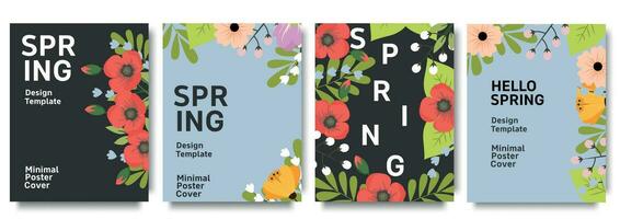 einstellen von modisch minimal Frühling Plakate mit hell schön Blumen und modern Typografie. Frühling Hintergrund, Abdeckung, Verkauf Banner, Flyer Design. Vorlage zum Werbung, Netz, Sozial Medien. vektor