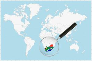 Vergrößerung Glas zeigen ein Karte von Süd Afrika auf ein Welt Karte. vektor