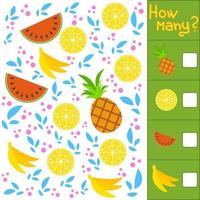 Spiel für Vorschulkinder. zähle so viele Früchte auf dem Bild, schreibe das Ergebnis auf. Banane, Wassermelone, Zitrone, Ananas. mit Platz für Antworten. einfache flache isolierte vektorillustration. vektor