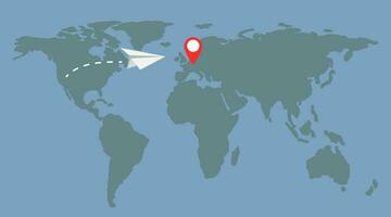 resa begrepp. en enkel Karta av de värld med en destination och en flygande papper plan. vektor platt illustration.
