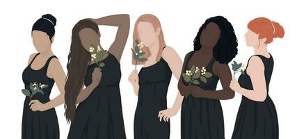 en uppsättning av dragen kvinnor från annorlunda etnisk grupper i svart klänningar, innehav blommor i deras händer. vektor modern platt illustration. isolerat förbi skikten. för vykort, affisch, baner, tidskrift omslag