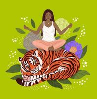 das Mädchen Praktiken Methoden Ausübungen Yoga, Sitzung auf ein Tiger, welche Lügen zusammengerollt hoch. gegen ein Hintergrund von Blätter und Blumen. Vektor modern eben Illustration.