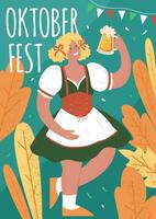 Oktoberfest Vertikale lange Banner. Bier Festival. ein Frau im ein National Deutsche Kostüm hält ein Becher von Bier. Vektor eben Illustration.
