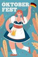 Oktoberfest Poster. Bier Festival. ein Frau im ein National Deutsche Kostüm hält ein Becher von Bier und ein Flagge von Deutschland. Vektor Hand gezeichnet Illustration mit Beschriftung und Herbst Blätter.