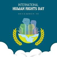 internationell mänsklig rättigheter dag affisch med transparent färgrik nävar i halv de värld vektor