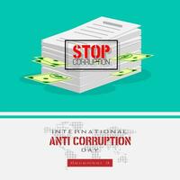 internationell anti korruption dag affisch med pengar undangömt bort i en lugg av dokument vektor
