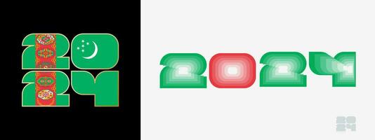 år 2024 med flagga av turkmenistan och i Färg gom av turkmenistan flagga. Lycklig ny år 2024 i två annorlunda stil. vektor