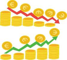 kostenlos Vektor Yen Euro Rupie Dollar Zeichen Yen Euro Rupie Dollar Austausch Bewertung Schwächung und Stärkung mit rot Grün Grafik Pfeile