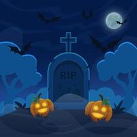 tecknad sten grav på kullen på natten. halloween kyrkogård med pumpa lyktor. fullmånehimmel med flygande fladdermöss illustration vektor